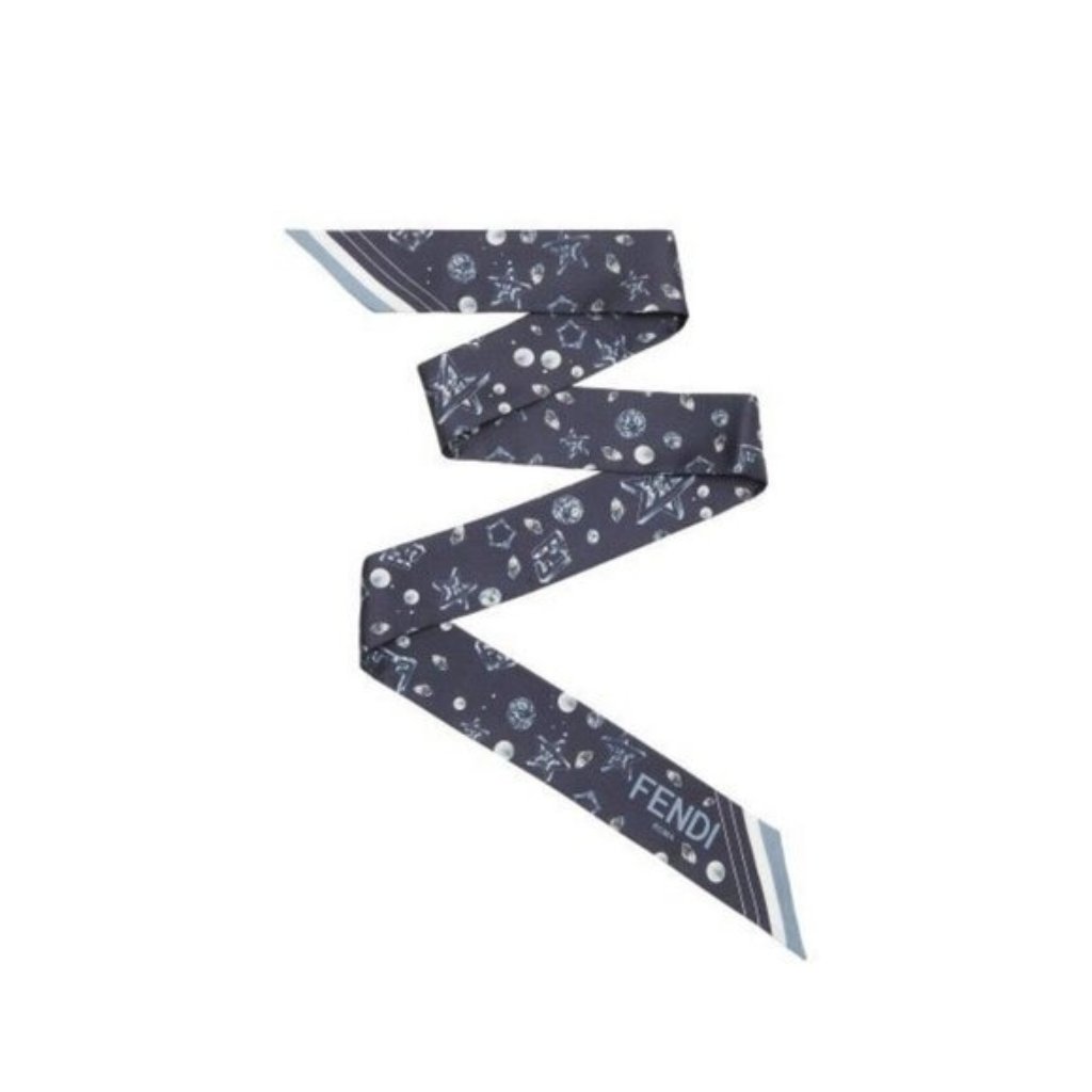 New Fendi Twill Scarf Silk Blue Planets Stars 100 Authentic